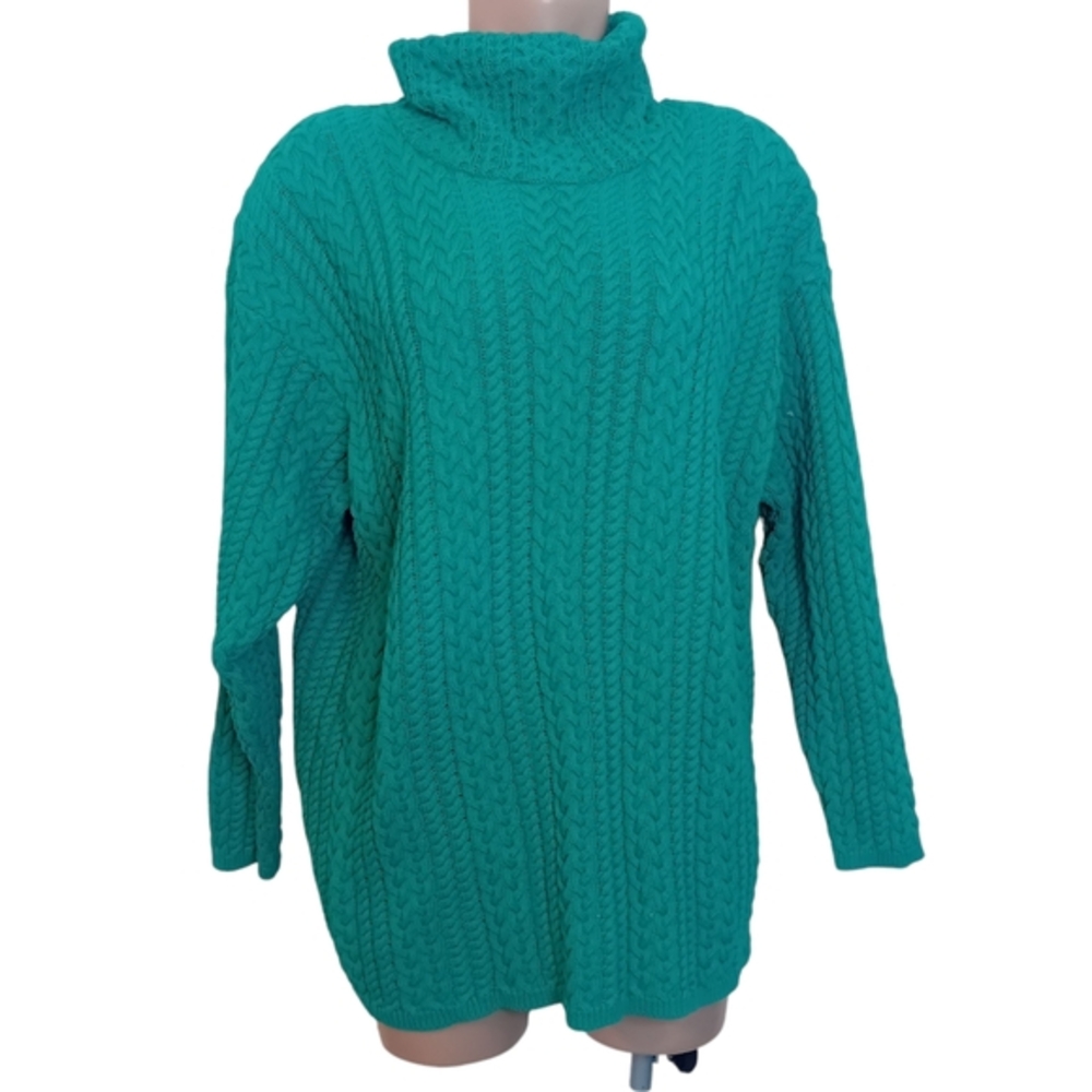 Vintage‎ 80s Merrygoround Turtle Neck Shoulder Pad Turquoise Sweater Retro O/S
